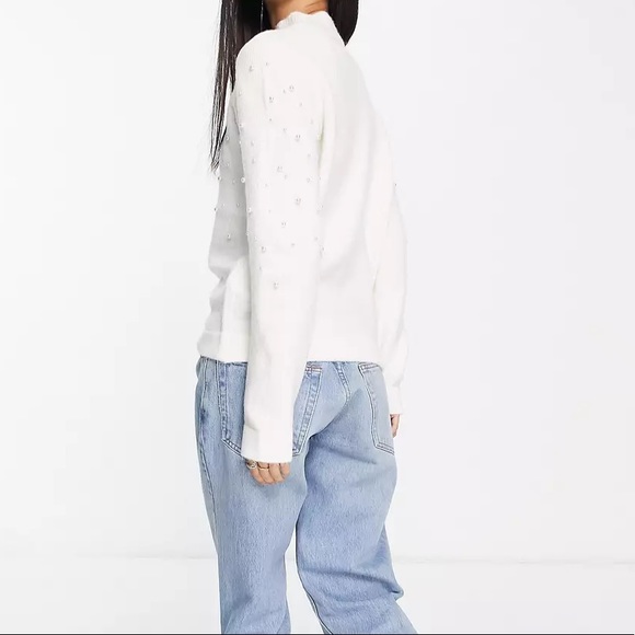 ASOS Pieces high neck pearl detail scallop sweater in cream size small - Picture 4 of 10